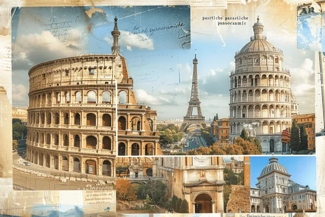 Vintage European landmark postcard collage with iconic architecture scenes