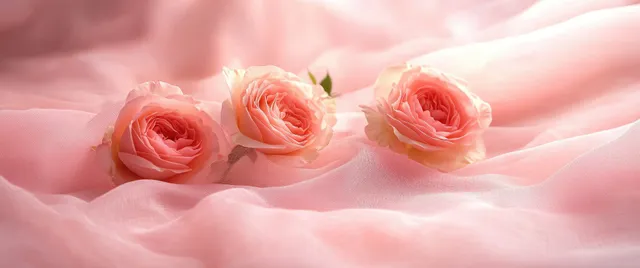 Pink roses resting on flowing pale silk, dreamy soft light and pastel texture