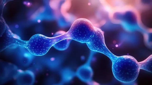 A glowing chain of atoms forms molecular bonds in blue and turquoise against a dark abstract background.