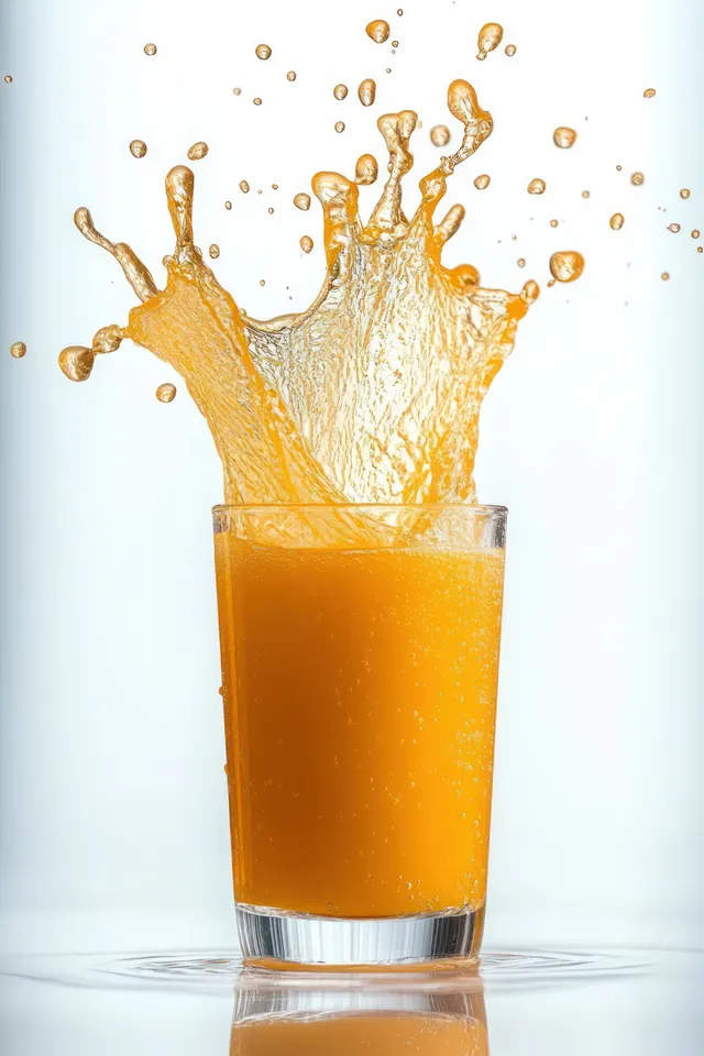 Orange juice splash erupting from a clear glass, droplets frozen on a white background