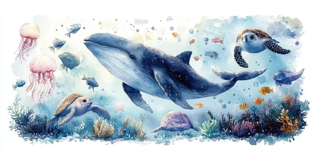 A watercolor underwater scene shows whales and sea turtles swimming among coral, jellyfish, and fish in pastel blues.