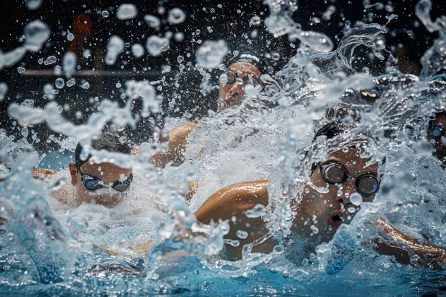 Japanese artistic swimmers dive in synchrony in an indoor pool, creating large splashes and bubbles.
