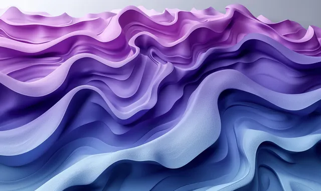 Layered 3D ribbon-like waves in purple and blue gradients fill the background with smooth depth.