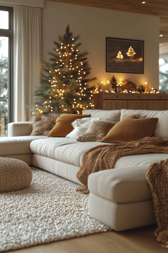 Cozy living room with a lit Christmas tree, sofa cushions, textured throws, and warm wall lighting.
