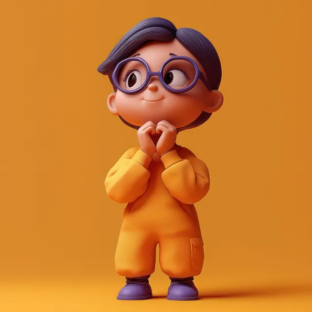 Thoughtful Asian boy character in blue overalls and yellow top, pondering ideas in a clean studio-like setting.