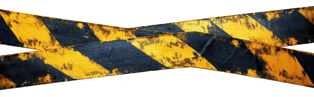 Crossed worn yellow and black caution tape with paint chips and scratches on a white background.