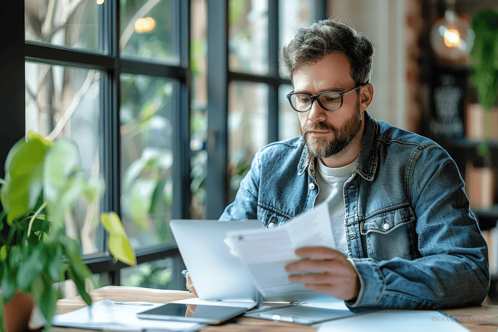 An entrepreneur with glasses reviews papers at a desk while using a laptop near a window.