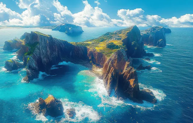 Aerial view shows jagged Madeira coastline with turquoise Atlantic water splashing against sea cliffs.