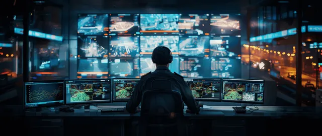 An operator sits in a surveillance control room monitoring multiple CCTV screens with a glowing AI data interface.