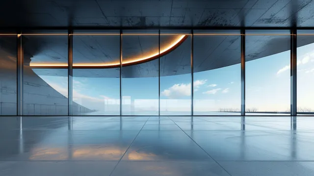 Gray concrete floor leads toward black metal-framed glass walls with bright sky reflections across the interior atrium.