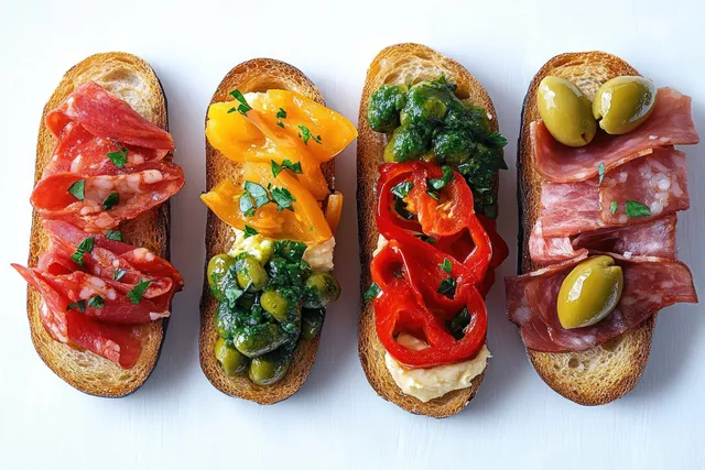 Four open-faced toast bites arranged with salami, sliced tomatoes, red peppers, olives, and herbs on a light background.