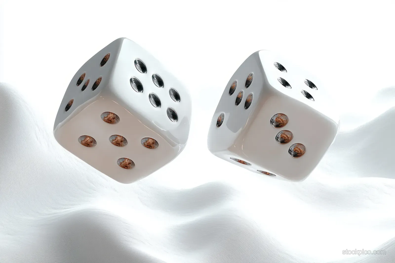 Two white dice with black and copper pips hover above a smooth white textured surface.