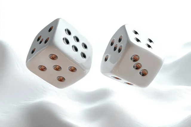 Two white dice with black and copper pips hovering over smooth white textured surface