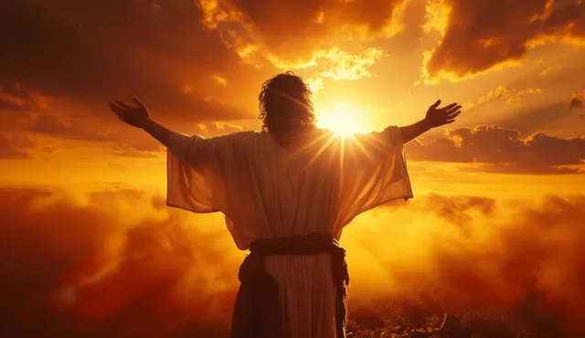 Jesus Christ stands with arms raised toward the glowing sun in a warm sunset sky over mountains.
