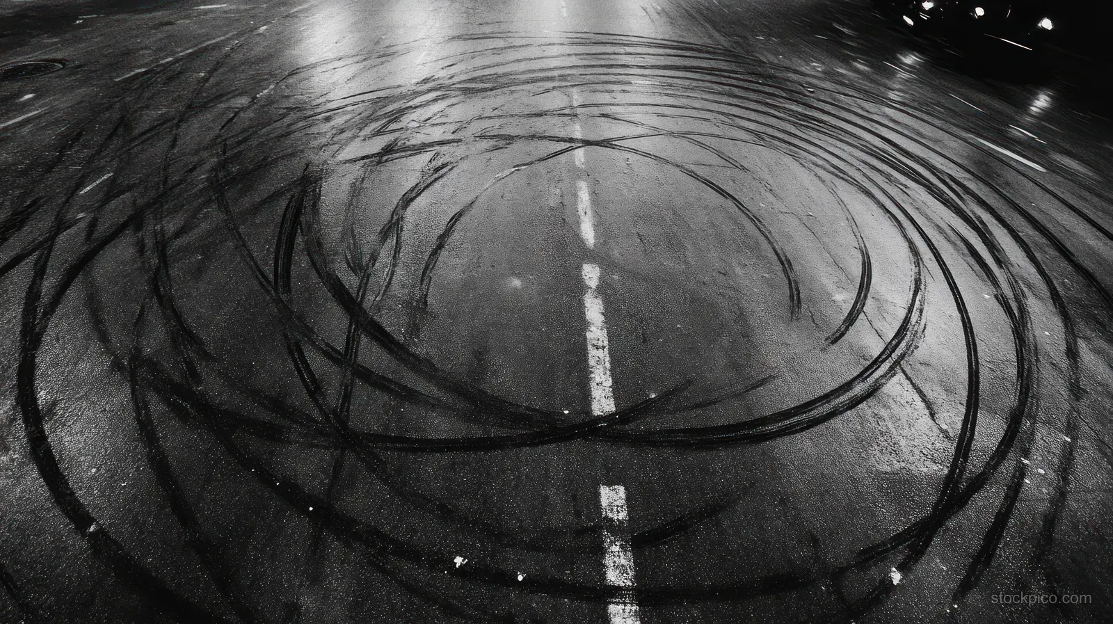 Dark circular tire skid marks spiral on wet asphalt at night, reflecting nearby street lights.