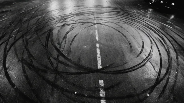Dark circular tire skid marks spiral on wet asphalt at night, reflecting nearby street lights.