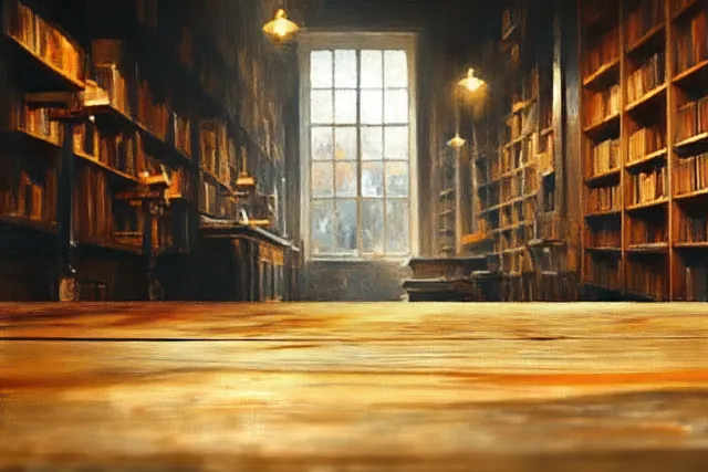 Warm pendant lights illuminate tall wooden bookshelves and a large window in a quiet library interior.