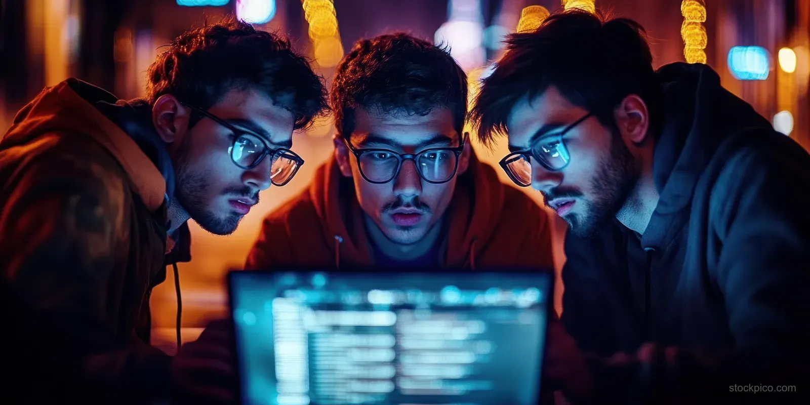 Three young men wearing glasses focus on a laptop screen while neon lights blur in the night background.