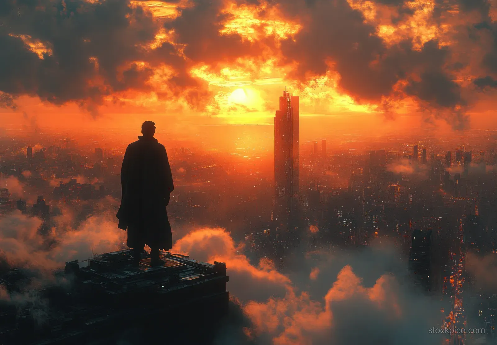 Superhero woman standing on a rooftop ledge at sunrise with her cape flowing and a glowing city skyline behind.