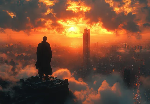 Superhero woman standing on a rooftop ledge at sunrise with her cape flowing and a glowing city skyline behind.