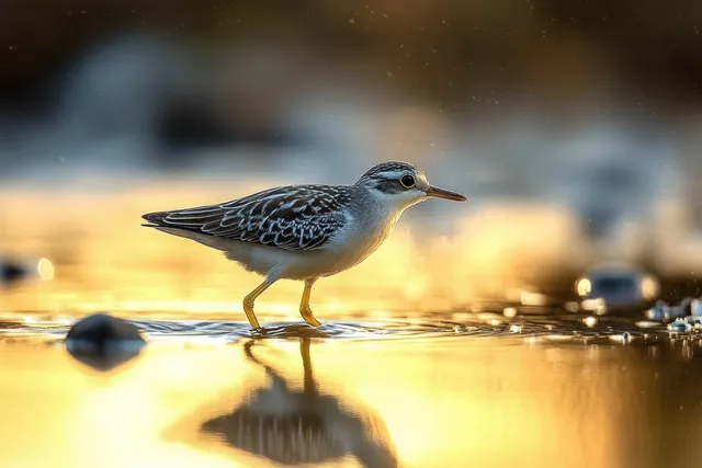 A patterned small bird wades in shallow water, reflecting golden sunset light on the surface.