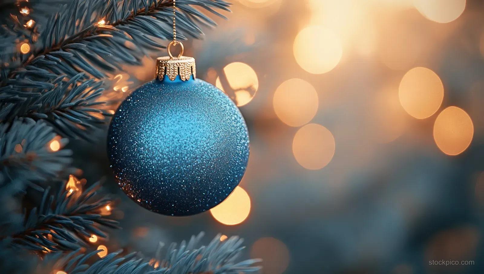 A blue glitter Christmas ornament hangs on a pine branch with warm golden bokeh lights behind it.