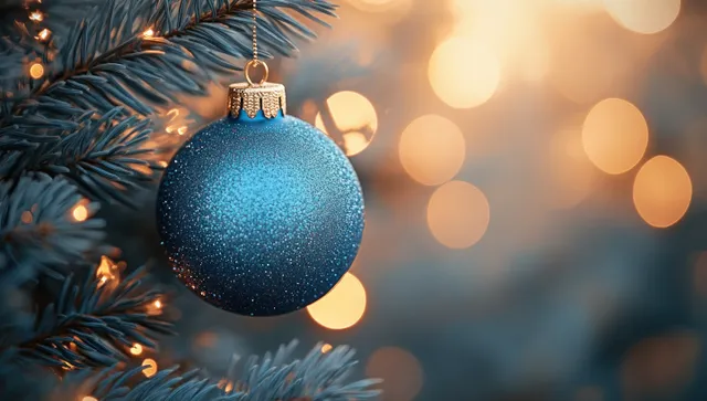 A blue glitter Christmas ornament hangs on a pine branch with warm golden bokeh lights behind it.