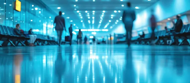 Blurred travelers walk and sit in a modern airport terminal with a reflective floor under bright overhead lights.