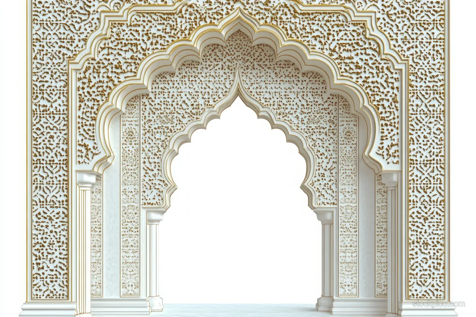 Symmetrical white-and-gold carved archway with floral geometric patterns surrounding an empty entrance opening.