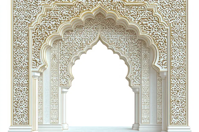 Symmetrical white-and-gold carved archway with floral geometric patterns surrounding an empty entrance opening.