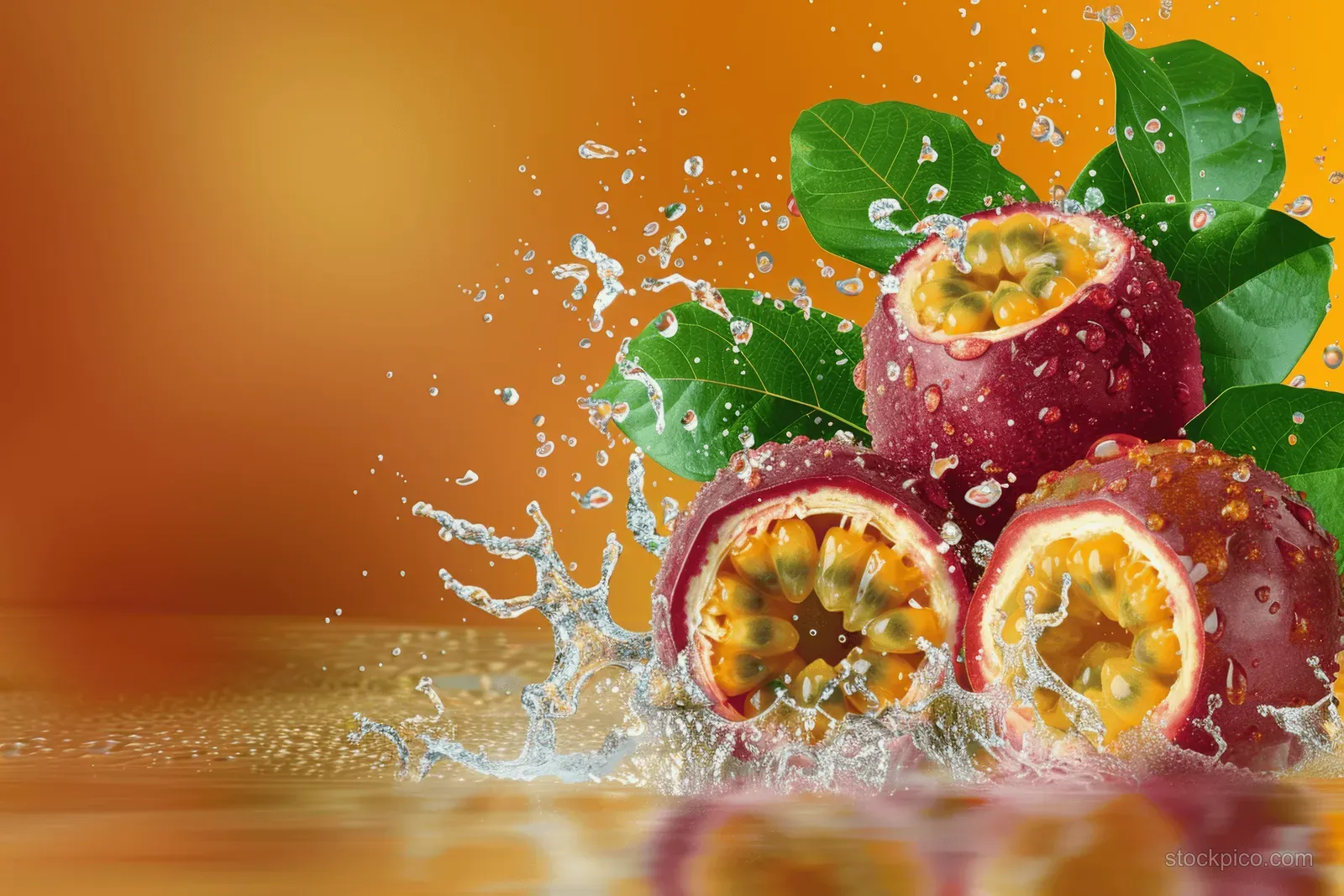 Passion fruit halves with arils and green leaves splashing water on a bright orange background.
