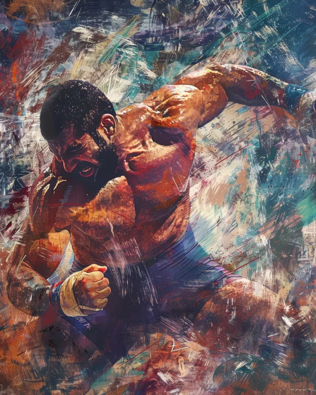 Iranian freestyle wrestler clinching in an abstract, swirling paint background with intense motion.