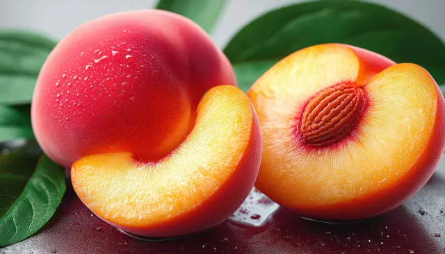 Two ripe peaches, one sliced open showing the pit and juicy flesh with water droplets and green leaves in the background.