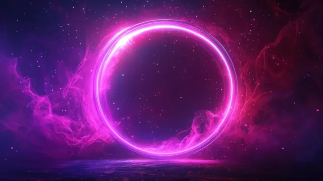 A glowing neon purple portal circle emits light through smoky mist in a dark starry space scene.