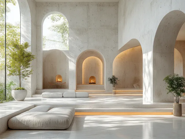 Minimalist concrete lounge with arched niches, large windows, potted plants, and sunlight creating soft shadows on cushions.