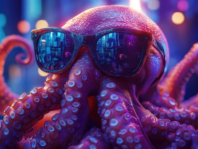 Close-up octopus with colorful tentacles and suction cups, wearing goggles under water