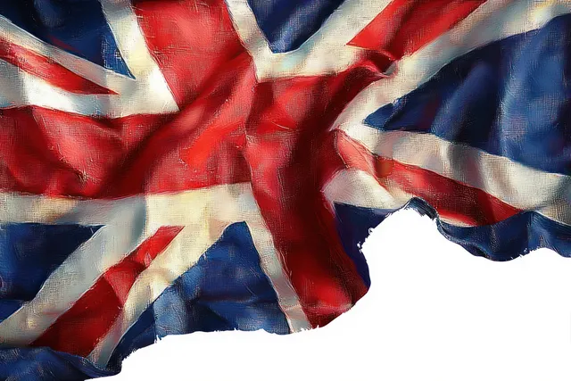 Close-up of wrinkled Union Jack fabric with torn edges and vivid red white blue folds