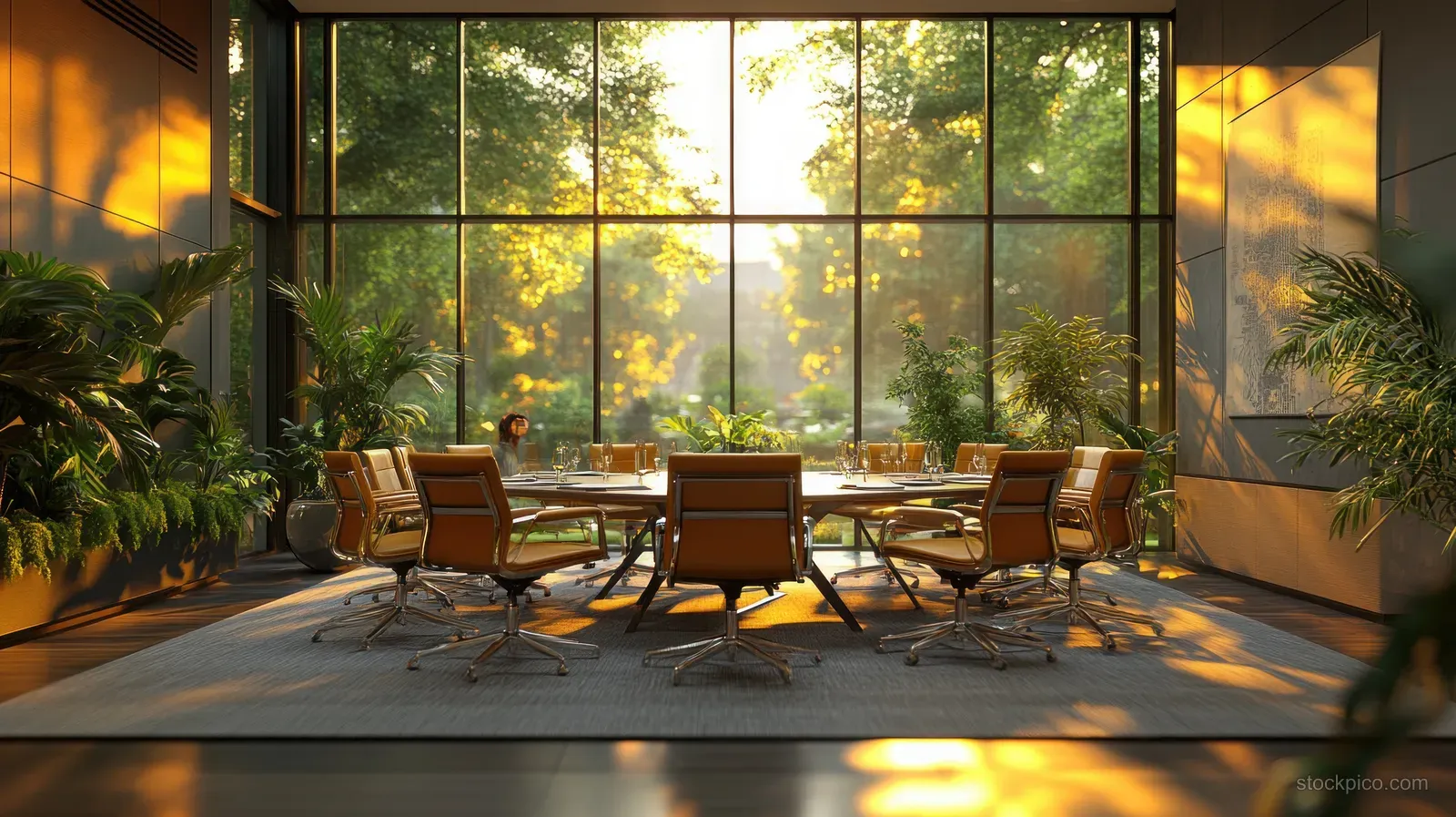 Diverse coworkers brainstorm around a round table inside a glass-walled office bathed in warm sunlight.
