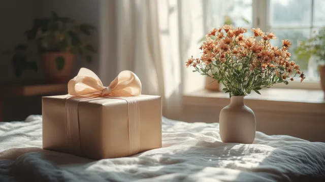 Wrapped gift box with tan ribbon on bed beside small vase in warm window light
