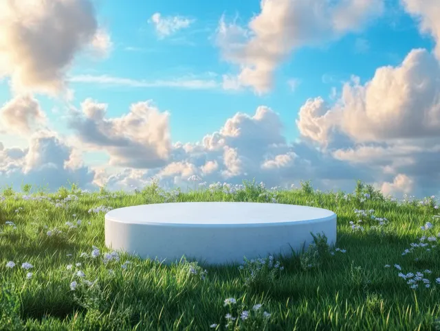 A round white platform rests on a grassy meadow with small white flowers under a blue cloudy sky.