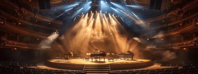 Dark concert hall circular stage with a light truss above an empty piano and four chairs.
