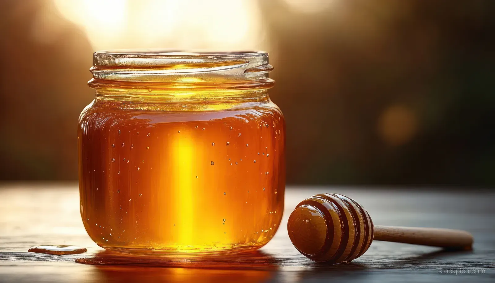 Golden honey in a glass jar glows beside a wooden dipper under warm sunlight on a wooden tabletop.