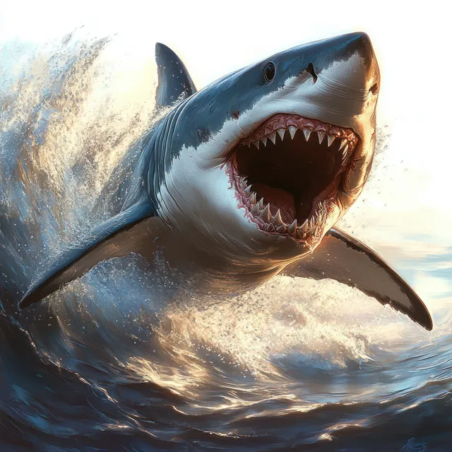 Great white shark lunging through turbulent ocean waves with foaming spray and open jaws