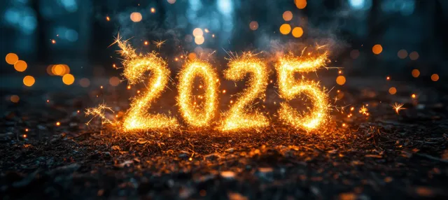 Golden 2025 fireworks sparks form the number on the ground with glowing bokeh lights in the dark.