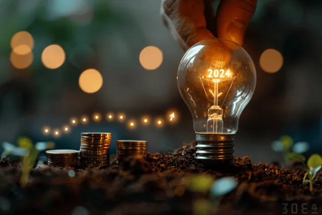 Glowing 2024 light bulb planted in soil with rising arrow chart for green energy investing