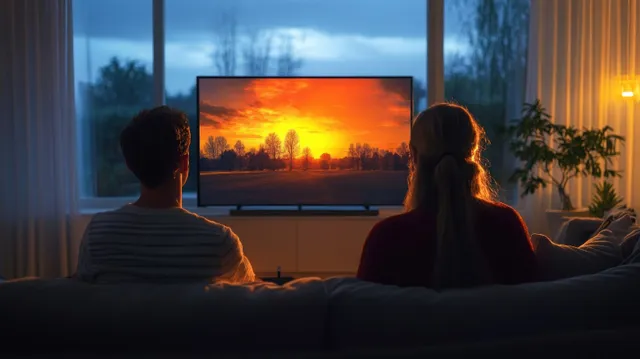 Family Watching Sunset Scene on Television in Cozy Living Room with Home Entertainment