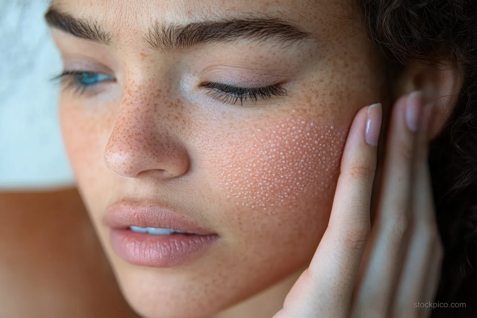Young woman gently pressing an itchy red rash on her arm during a skin examination.