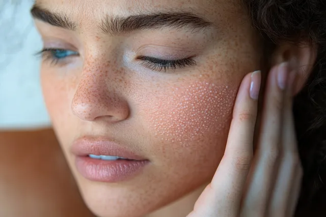 Young woman gently pressing an itchy red rash on her arm during a skin examination.