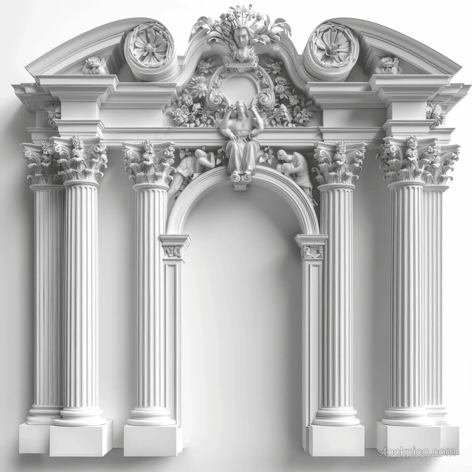 White gothic arch facade with fluted columns and ornate carved relief centered on a light blank background.