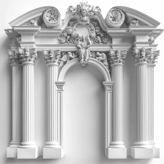 White gothic arch facade with fluted columns and ornate carved relief centered on a light blank background.
